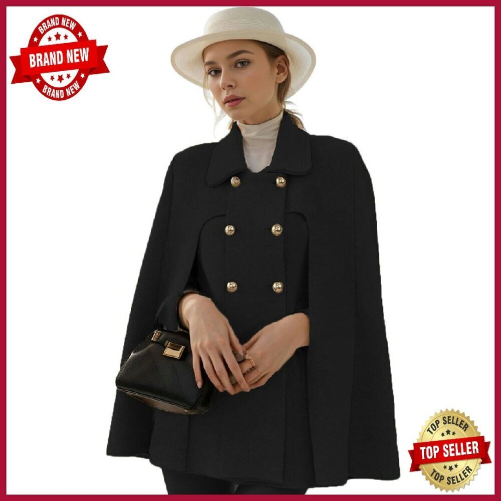 Wool Blend Cape Coat Double-Breast Slit Sleeve Poncho Winter Warm